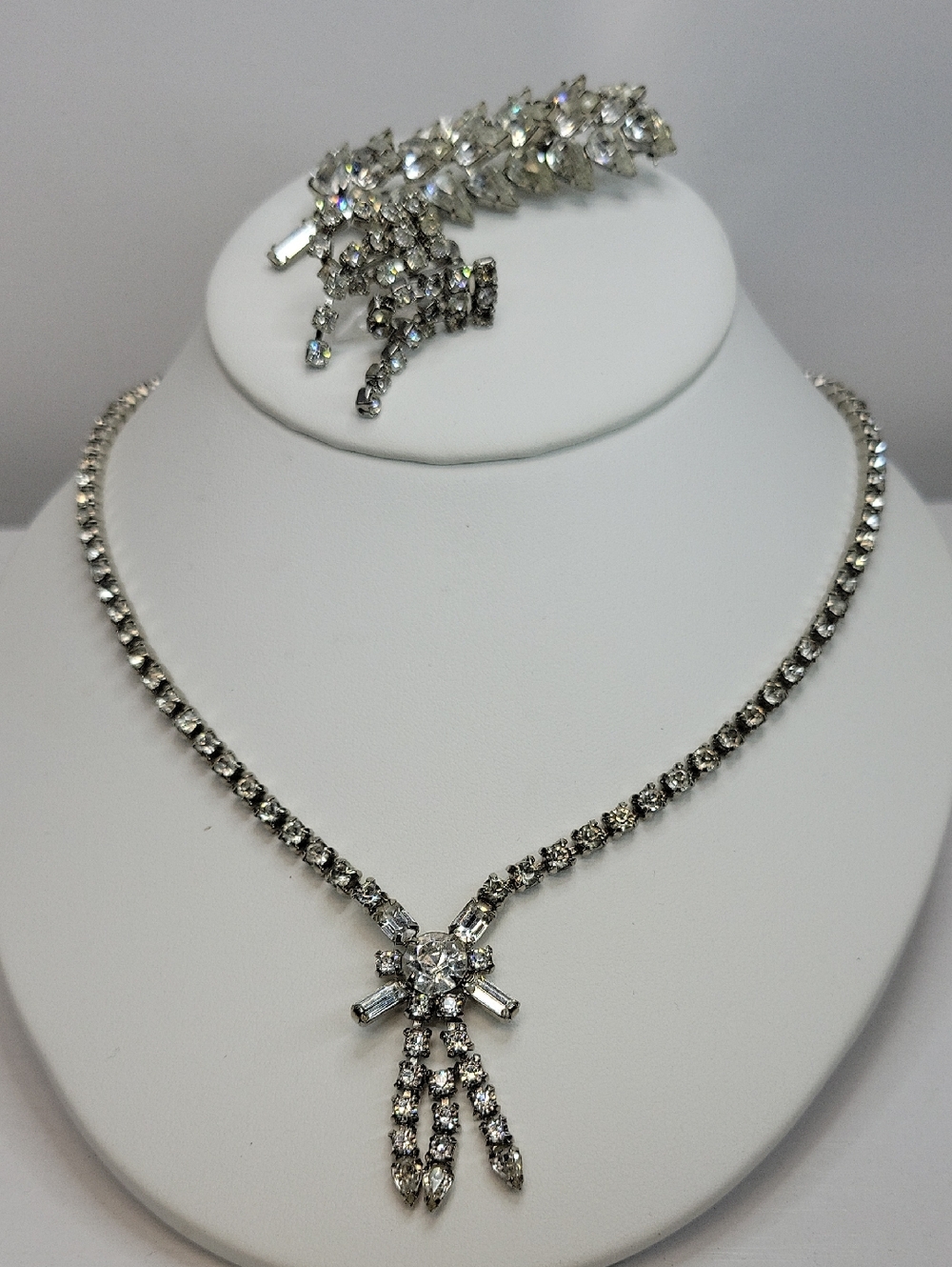 Vintage Crystal Drop Necklace and Earring Set - Silver Tone